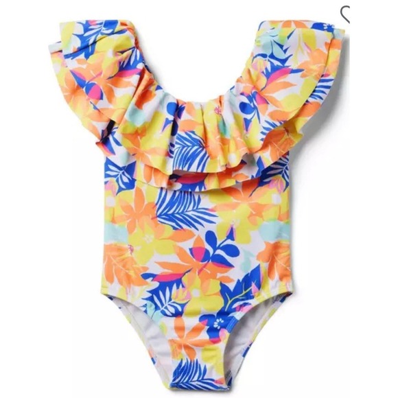 NEW Janie and Jack Recycled Palm Floral Ruffle Swimsuit Sunny‎ Yellow Size 2T - Picture 1 of 8